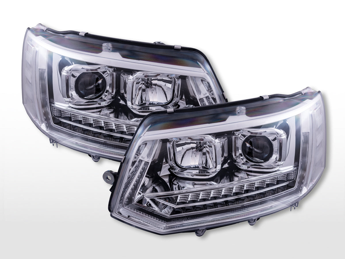 Halogen Scheinwerfer Set LED Tagfahrlicht VW T5 Bj. 10-15 chrom Halogen Scheinwerfer Set LED Tagfahrlicht VW T5 Bj. 10-15 chrom